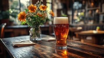 A beer glass sits on a table in front of a flower vase photo