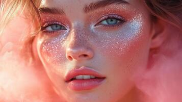 A woman with pink makeup and glitter on her face photo