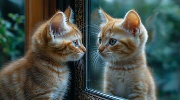 A kitten looks into an ornate mirror photo