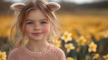 A little girl with bunny ears in a field of daffodils photo