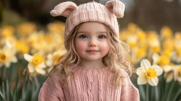 A little girl in a pink sweater and hat standing in a field of daffodils photo