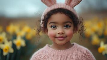 A little girl wearing bunny ears in a field of daffodils photo