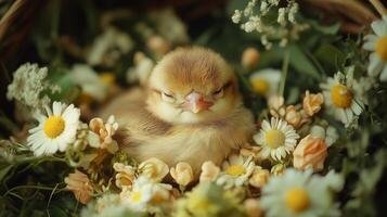 A baby chick is sleeping in a basket of flowers photo