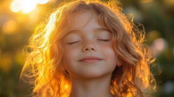 A young girl with her eyes closed and smiling photo