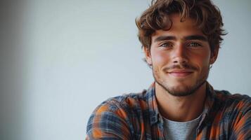 A man with curly hair and a plaid shirt photo