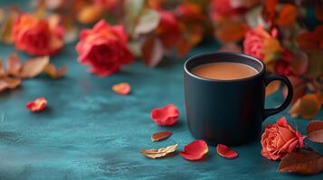 Coffee cup with red roses on blue background photo