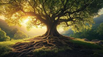 The tree is surrounded by green grass and trees photo