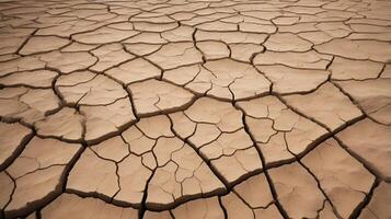 A close-up view of dry soil with cracked patterns, highlighting the natural, intricate design formed by aridity. photo
