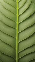 A crisp, close-up of a fresh green leaf, emphasizing the subtle vein structure beneath its surface. photo