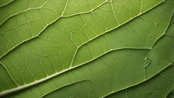 An extreme close-up of a green leaf, highlighting the fine network of veins that create its unique structure. photo