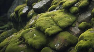 A detailed capture of a rocks rough texture, covered with dense green moss, highlighting its damp and natural look. photo