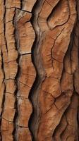 A high-resolution close-up of tree bark, capturing its rough, uneven surface with rich brown coloration. photo
