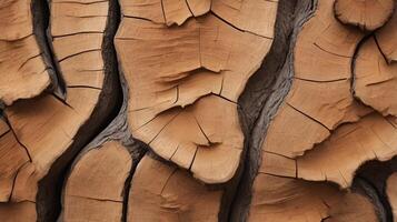 A macro photograph of tree barks rough surface, highlighting its deep fissures and warm brown hues. photo