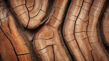 A high-resolution image of tree bark with pronounced grooves and dark brown tones, emphasizing its organic patterns. photo