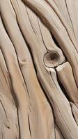 A close-up shot of driftwood with a weathered, sun-bleached surface, showing intricate grain patterns and knots. photo