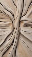 A macro shot of driftwood, sun-bleached and textured with distinct grain patterns and knots. photo