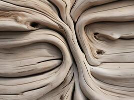 A sharp close-up shot of weathered driftwood, sun-bleached with visible grain patterns and knotted sections. photo