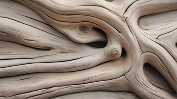 A close-up view of driftwood, sun-bleached and showing rich natural grain with knotty textures. photo