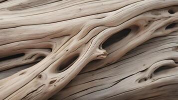 A close-up of sun-bleached driftwood, emphasizing its textured grain and natural knot formations. photo