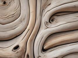 A detailed image of driftwood weathered by the sun, displaying natural grain and distinct knot features. photo