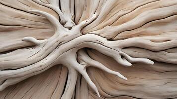 A close-up of weathered driftwood, sun-bleached and showing off the texture of its grain lines and knots. photo