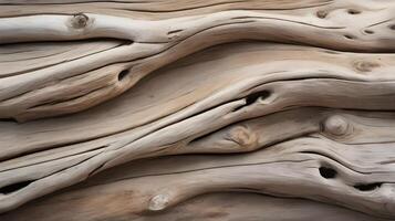 A high-resolution shot of sun-bleached driftwood, featuring distinct grain patterns and visible knots. photo