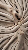 A macro shot of weathered driftwood, showcasing its sun-bleached surface with visible grain patterns and knots. photo