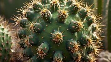 A sharp close-up of a cactus, focusing on the spiky needles and the fleshy surface adorned with patterns. photo