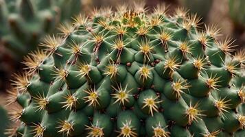 A detailed close-up of a cactus, showing the sharp spines and the soft, patterned surface of the plant. photo