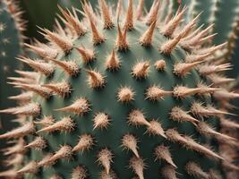 A macro view of a cactus spines, contrasting against the soft, patterned texture of its fleshy surface. photo