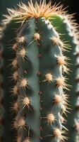 A high-detail photograph of a cactus, showcasing the sharp, spiked spines and the soft, patterned flesh beneath. photo