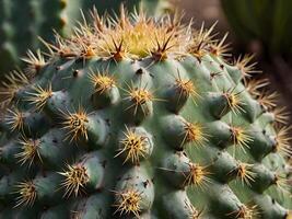 A detailed shot of a cactus, with a focus on its spiky thorns and the fleshy surface that displays intricate patterns. photo