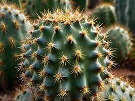A macro view of a cactus spiky spines and its patterned, fleshy surface. photo