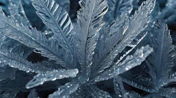 A close-up view of frost patterns on a surface, showcasing the detailed and artistic ice crystal formations. photo