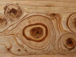 A macro view of pine wood, emphasizing the natural grain swirls and the unique knots within the surface. photo