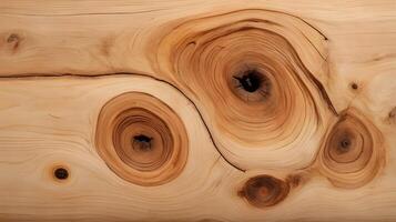 A macro view of pine wood, highlighting the visible knots and organic grain swirls that create a natural texture. photo