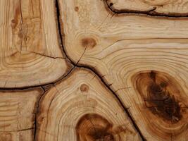 A detailed photograph of pine wood, emphasizing its visible knots and the swirling grain texture. photo