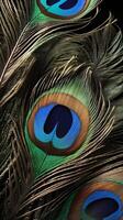A high-detail photograph of a peacock feather, showcasing its colorful beauty and elaborate patterns. photo
