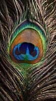 A high-resolution shot of a peacock feather, showcasing its rich colors and complex details. photo