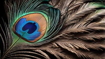 A close-up image capturing the brilliant colors and intricate structure of a peacock feather. photo