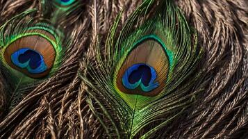 A finely detailed view of a peacock feather, revealing its vivid colors and elaborate texture. photo