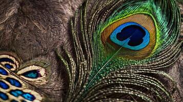 A macro shot of a peacock feather with stunning hues and intricate design details. photo