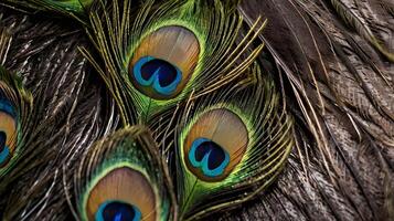 A close-up of a peacock feather with striking colors and intricate details. photo