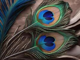 A detailed close-up of a peacock feather, showcasing its vibrant colors and delicate patterns. photo