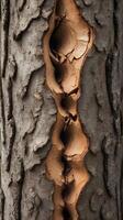A highly detailed close-up of a trees bark curling and lifting, exposing the layers underneath. photo