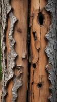 A zoomed-in shot of tree bark splitting and peeling, revealing the fibrous layers beneath. photo