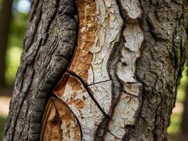 A macro photograph showing the intricate patterns formed as bark peels away from a tree. photo