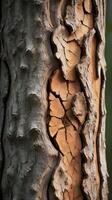 A macro shot showing the organic details of tree bark flaking away, revealing its inner surface. photo