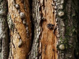A sharp-focus image of rugged tree bark peeling back to expose hidden textures. photo