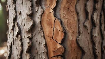 A close-up shot of peeling bark on a tree trunk, showcasing the rich texture beneath. photo